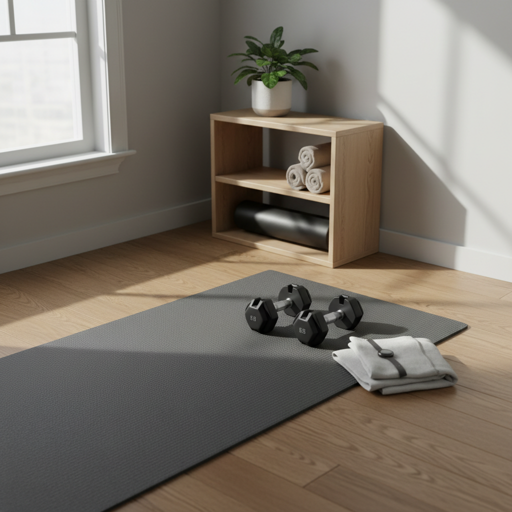 A clean, minimalist home gym nook with a textured charcoal yoga mat unrolled on warm light oak flooring, a pair of matte black adjustable dumbbells aligned precisely at one end, and a slim digital fitness tracker resting on a neatly folded white workout towel. Against the wall stands a small open shelving unit with rolled neutral-toned towels, a foam roller, and a single leafy plant in a simple white pot for a touch of organic contrast. Soft, diffused morning light enters from a side window, creating gentle, elongated shadows and a calm, focused atmosphere. Photographic realism from a slightly elevated angle with sharp focus throughout, communicating a sense of discipline, routine, and accessible daily physical upgrade.