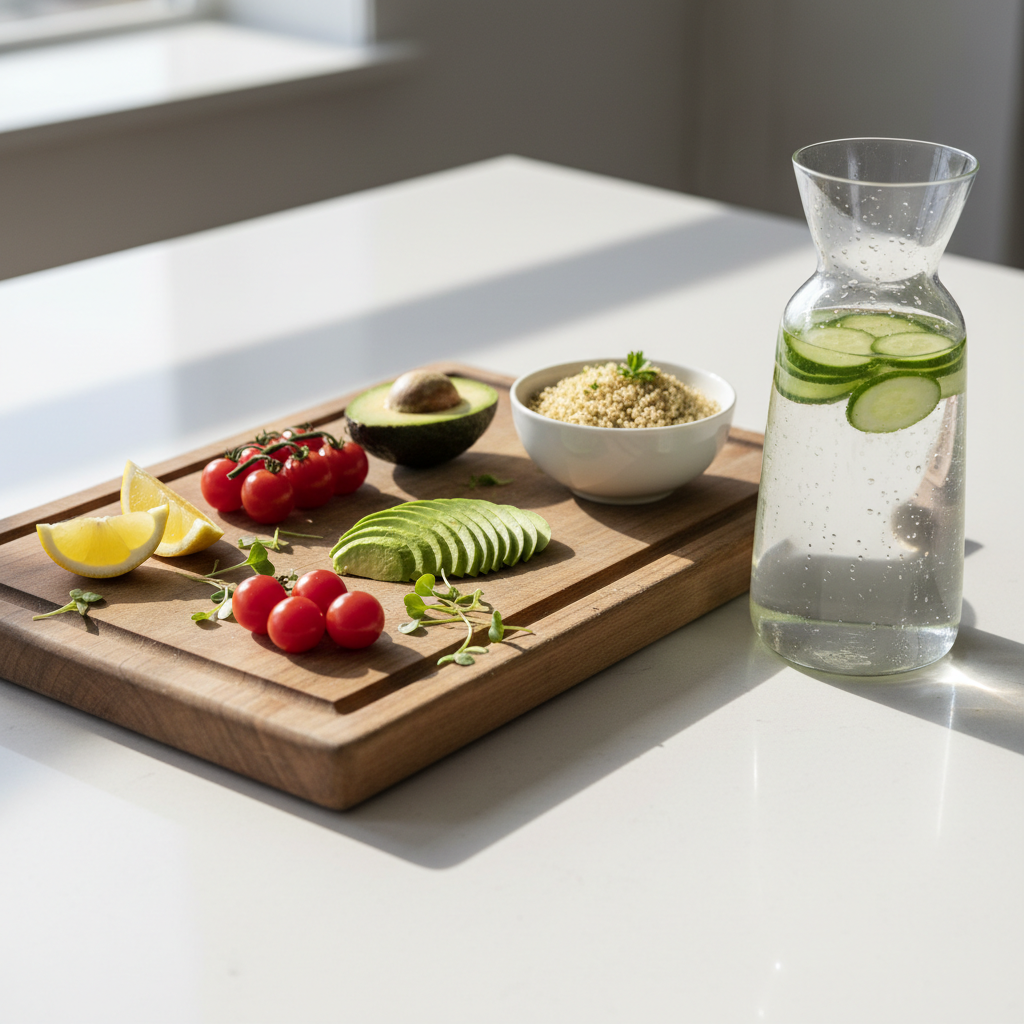 A bright, modern kitchen countertop in light quartz, featuring a wooden cutting board with an artfully arranged assortment of fresh ingredients: vibrant cherry tomatoes, sliced avocado, lemon wedges, microgreens, and a small bowl of cooked quinoa. Nearby sits a clear glass water carafe with floating cucumber slices and condensation beading down the sides. Soft midday natural light pours in from an unseen window, illuminating the fresh textures and casting clean, gentle shadows. Photographic realism with a slightly elevated angle and sharp focus throughout highlights the sense of clarity and simplicity. The atmosphere feels energizing yet approachable, reflecting a balanced, health-conscious lifestyle rooted in small, sustainable daily choices.