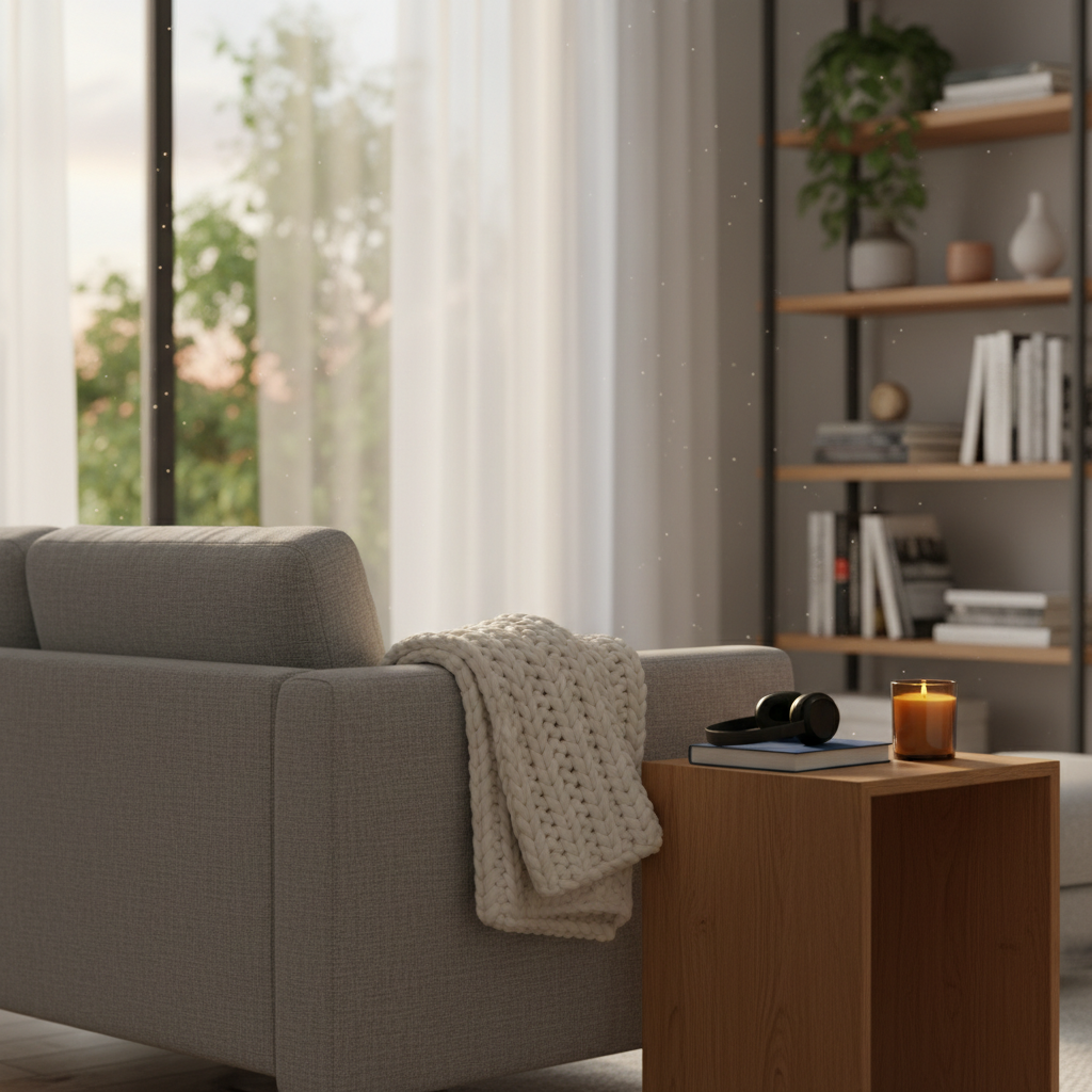 A cozy yet streamlined living room corner featuring a low-profile light gray fabric sofa with a subtle woven texture, a neatly folded knitted throw draped over the armrest, and a slim oak side table holding a closed hardcover book, wireless noise-cancelling headphones, and a small amber glass candle just beginning to glow. The setting is framed by a floor-to-ceiling window with sheer white curtains softly diffusing the late-afternoon golden light. Photographic realism, composed using the rule of thirds from a slightly angled side view, with moderate depth of field to keep the foreground crisp while the background bookshelves blur gently. The mood is serene and restorative, evoking intentional downtime, mindful rest, and a thoughtfully upgraded home environment.